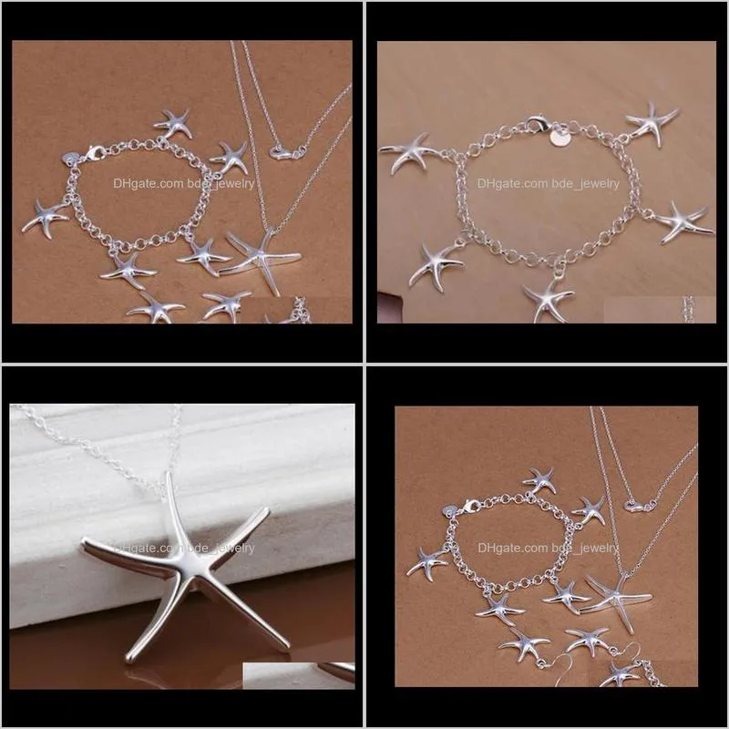 high quality 925 silver starfish pendant necklace bracelet and earrings charm jewelry set women 5set factory dff0729