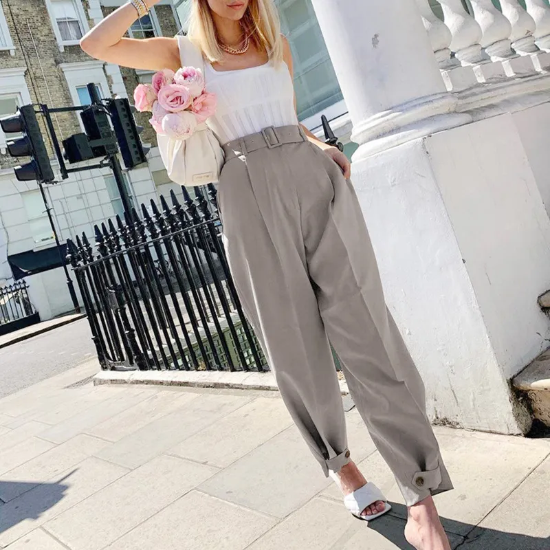 Women's Ankle-Tie Dress Pants Summer Thin Ankle-Length Trousers with  Belt, Fashionable High Waist Slim Fit Carrot Pants