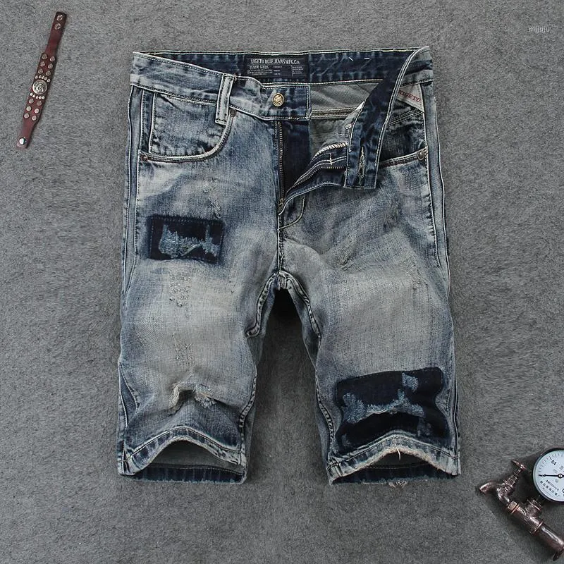 Herr jeans italiensk stil mode män hög kvalitet retro grå blå designer tvätt rippade denim shorts sommar vintage kort