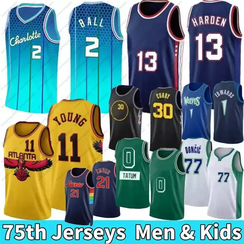 75 주년 기념 남자 농구 유니폼 스티븐 30 카레 Lamelo 2 볼 저지 embiid trae 11 젊은 Cade 2 Cunningham Jamhigh Quality Jersey