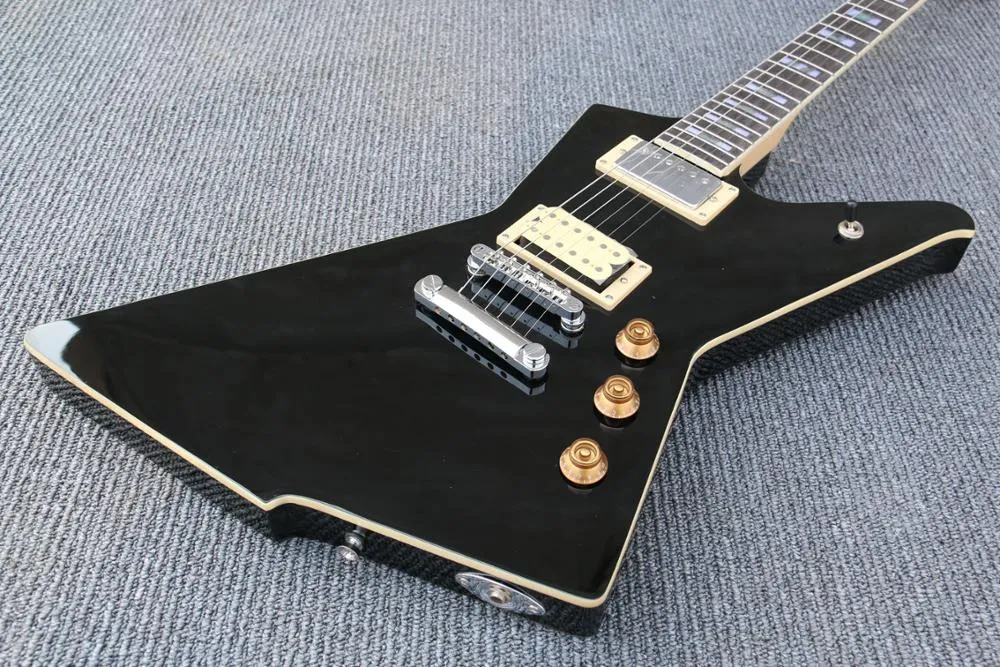 Gloss Black Destroyer Explorer Electric Guitar Abalone Pearl Block Tinlay ، Gold Hardware