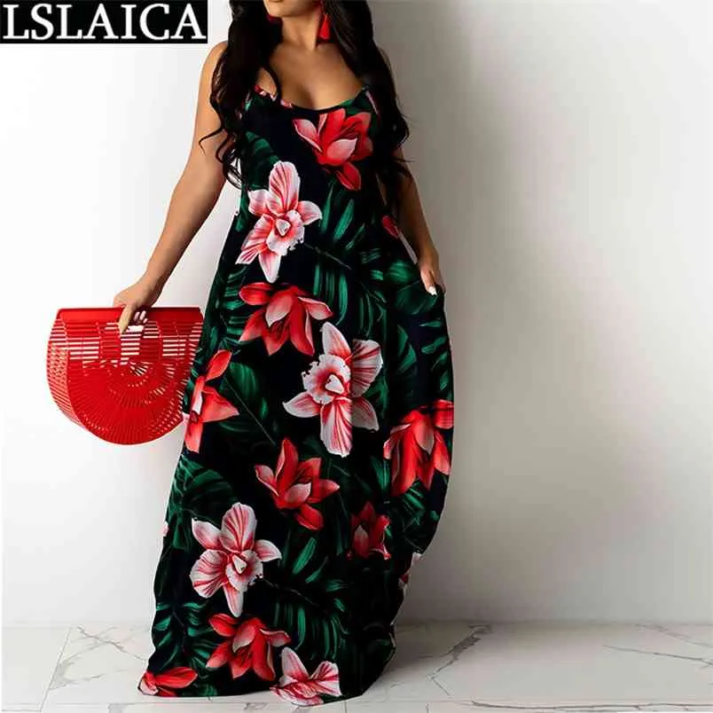 Loose Sling Long Dress Floor-Length Backless Dresses for Women Casual Fashion Sale Floral Printing Vestido De Mujer 210515