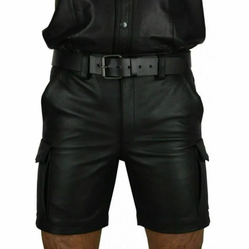 Men's Shorts Men Faux Leather Plus Size Summer Fashion Black PU Casual Mid Waist Straight-leg Pants