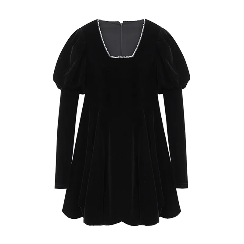 Siyah Kadife Mesh Katı Uzun Kollu Slash Boyun Bir Çizgi Mini Elbise Zarif Puf D3070 210514