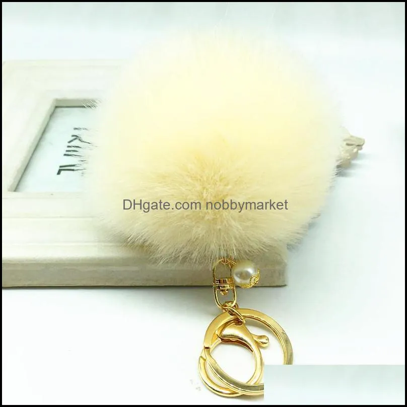 Cute Genuine Leather Rabbit fur ball plush key chain for ring Bag Pendant car keychain