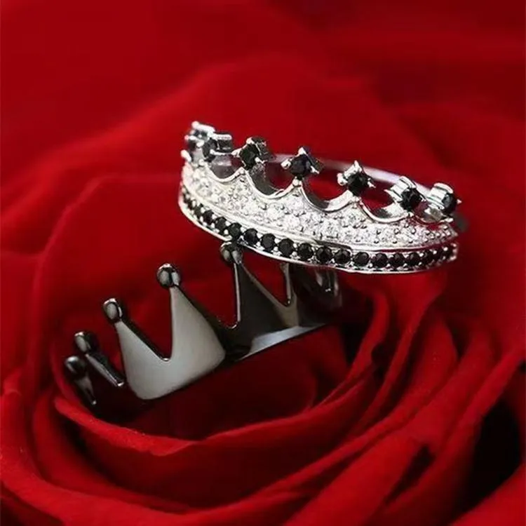 결혼 반지 크라운 커플 남성 여성 패션 블랙 실버 컬러 약혼 반지 신부 보석 세트 연인의 선물