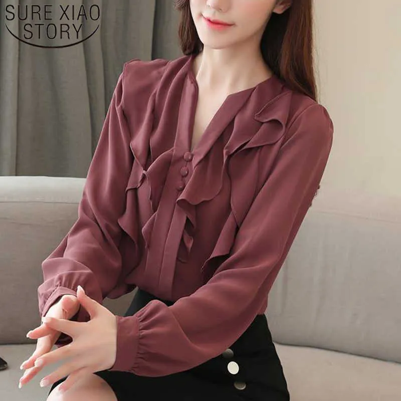 Frühling Koreanische Rüschen Rand Frauen Tops Langarm V-ausschnitt Schlanke Elegante Chiffon Bluse Frauen Blusas Mujer De Moda 8953 50 210527