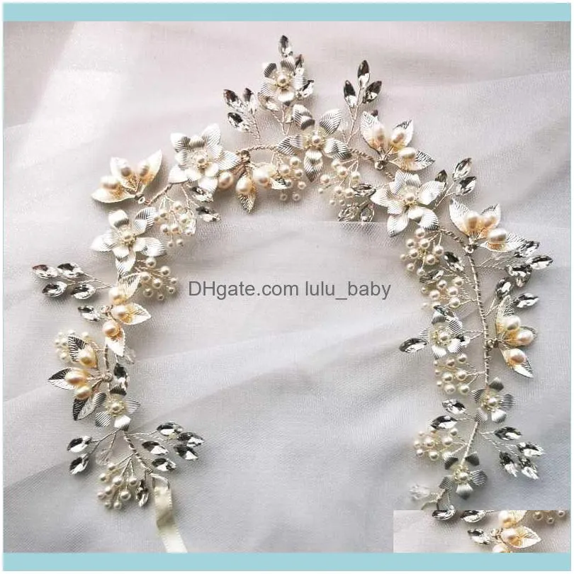 Gold Silver Color Floral Bridal Headband Hair Tiara Freshwater Pearls Wedding Jewelry Handmade Women Crown