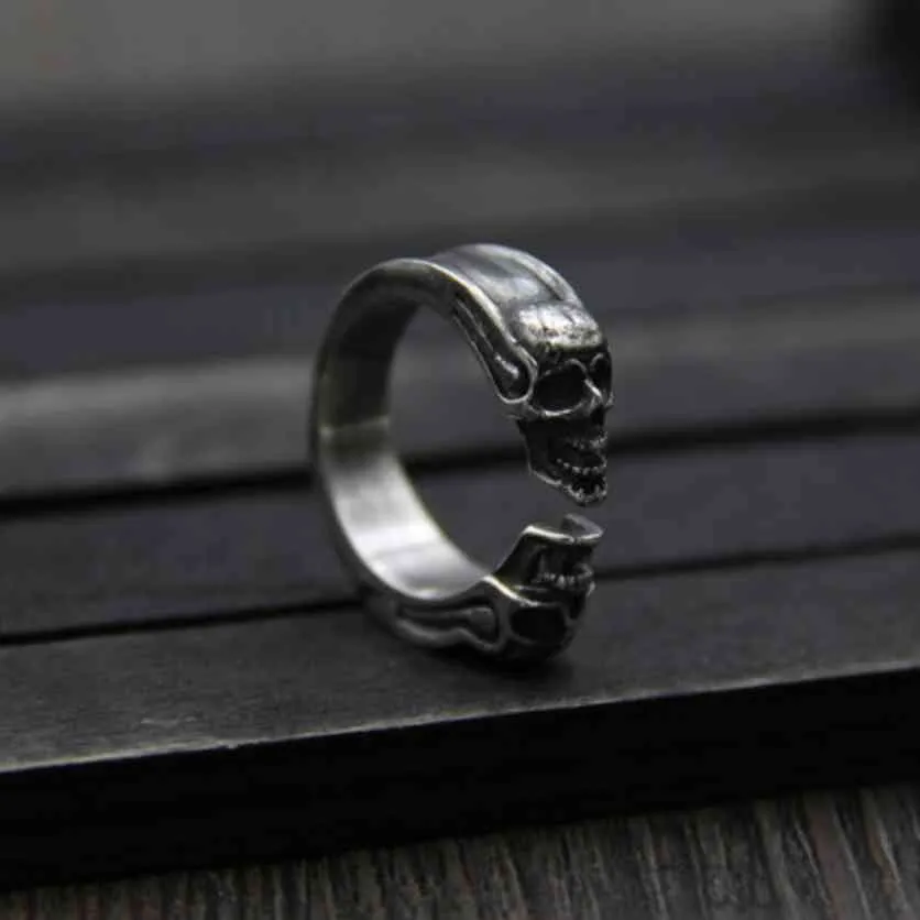 Bague ouverte en argent 925 pour hommes et femmes, anneau Double tête de mort, à la mode, bijoux cadeau