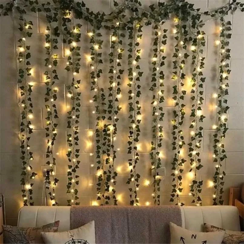 Miga 2 M LED Ivy Vine String Lights 2AA lub 3AA Battery Hasliwo LED Liść Garland Boże Narodzenie na domowe Ślubne Światła dekoracyjne 211027