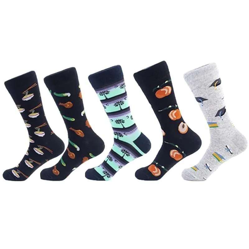 Men's Socks PEONFLY Brand Quality Happy Striped Noodle Plants Men Combed Cotton Calcetines Largos Hombre