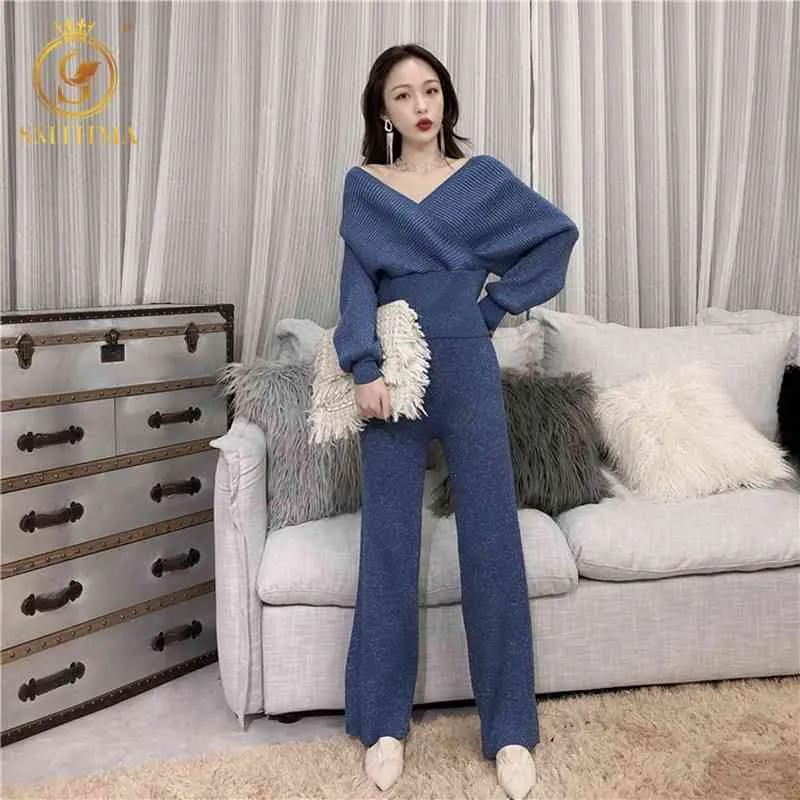 High Quality Spring Women Sexy V Neck Batwing Sleeve Knitting Sweaters+Elastic Waist Wide Leg Pants Two Piece Outfits 210520