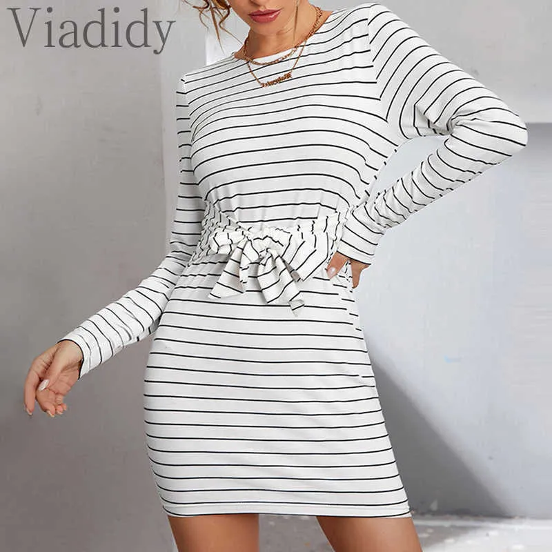 Kvinnor Striped Dress Casual O-Neck Långärmad Bow Tied Waist Mini Dresses Y0726