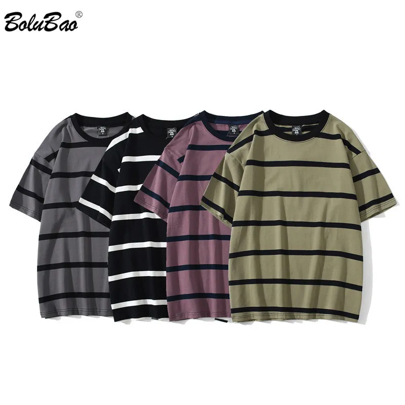 Bolubao hombres camiseta de manga corta a rayas hombres de moda verano hip hop retro pareja tops personalidad algodón manga corta masculino 210518