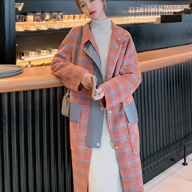 Damen Wollmischungen Koreanische Mode Lose Vintage Temperament Wollmantel Orange Plaid Langer Mantel Jacke Weiblich Herbst Winter Windschutz