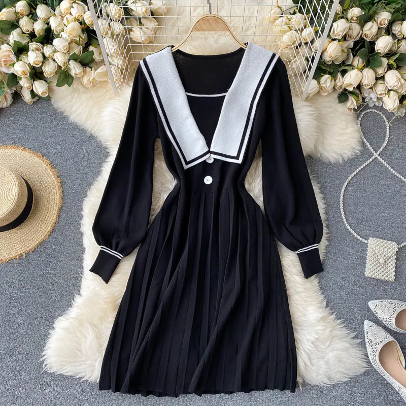● I AM MARI ● Jenny Colorblock Sailor Collar Knit Dress Sailor Collar Knitted Long Sleeve Midi Dress Long Sleeved