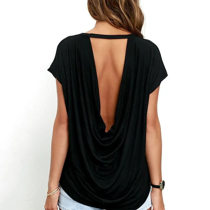 Mode open rug t-shirt vrouwen casual backless korte mouw zomer kleding losse O-hals tops Tees zwart wit vrouwen T-shirt