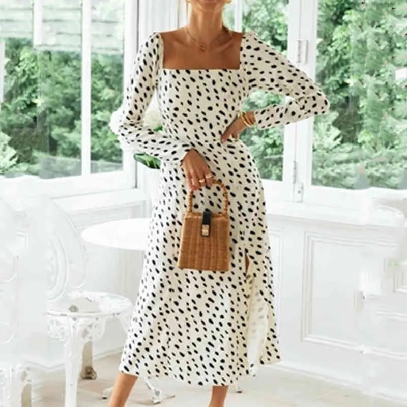 Leopard Print Dot Vintage Höst Klänning Kvinnor Lång Snälla Slit Maxi Lång Klänning Vår Backless Retro Party Dress Vestidos 210415