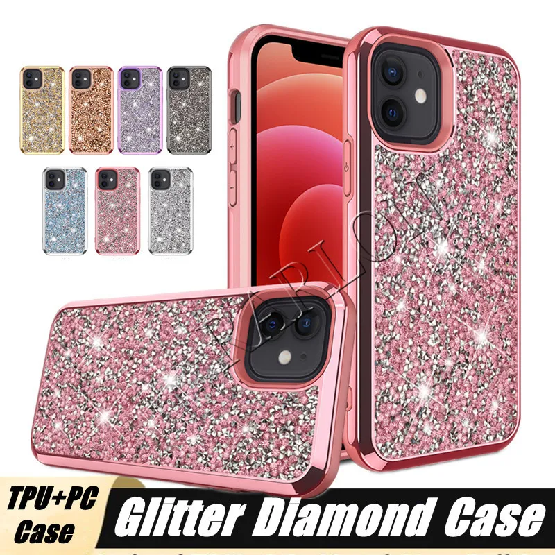 Schöne Mädchen-Glitzer-Diamant-Handyhüllen, süße Bling-Hybrid-TPU-PC-harte Rückseitenabdeckung für iPhone 13 12 Mini 11 Pro Max 7 8 Samsung S22 Plus S21 Ultra S20 Note 20