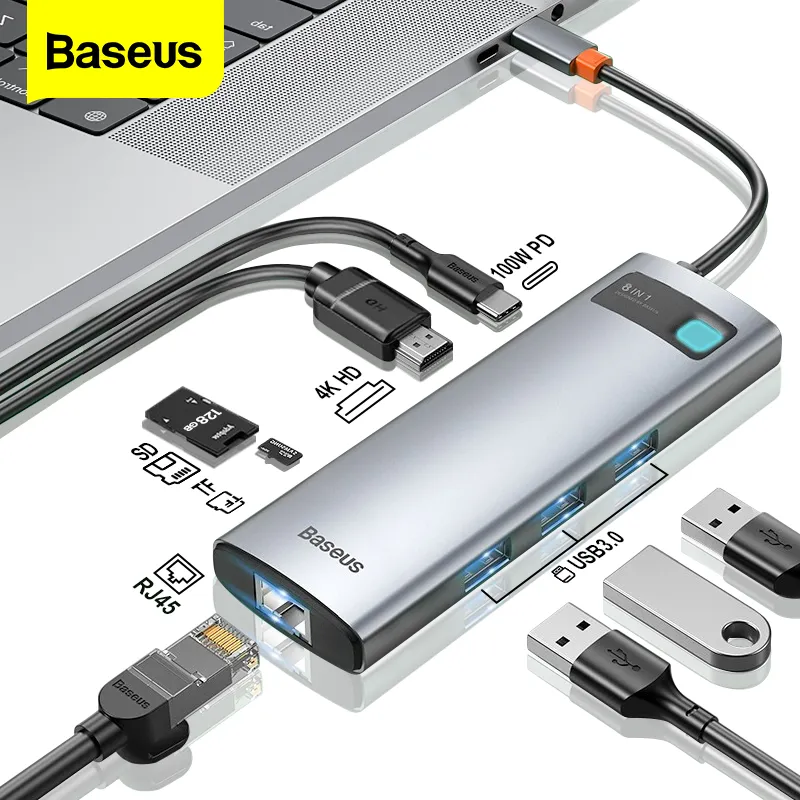 USB-C Multiport Adapter 8 in 1, HDMI 4K, VGA, HDTV, USB 3.0, lecteur SD/TF,  RJ45
