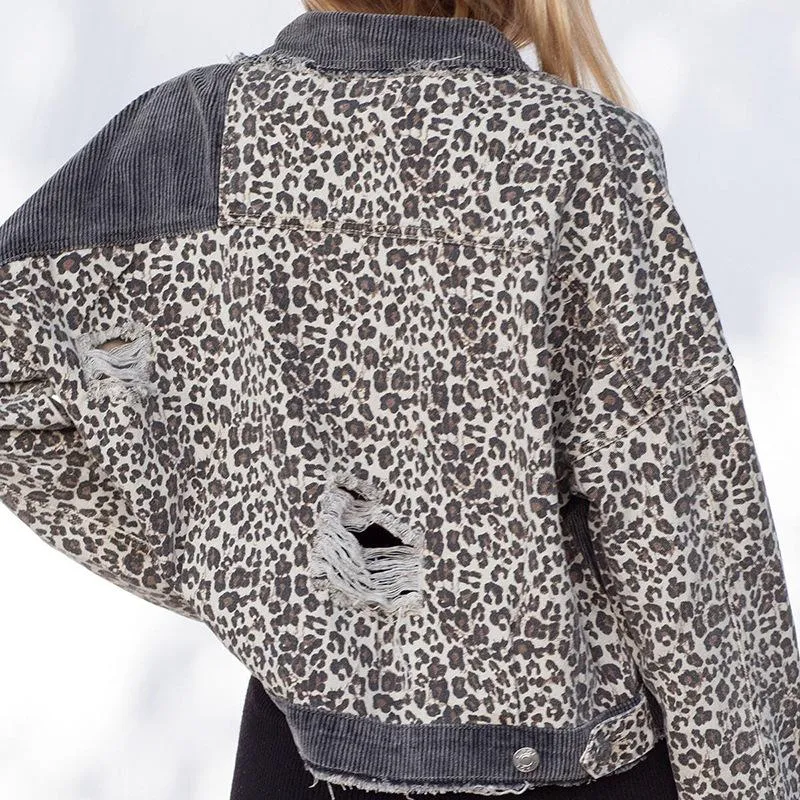 DHgate.com:Womens Denim Jacket, Casual Streetwear Leopard