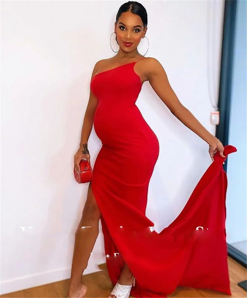 Simple Red Mermaid Long Prom Dresses For Pregnant Women Stretch Satin One Shoulder Spaghetti Straps Slit Evening Gowns