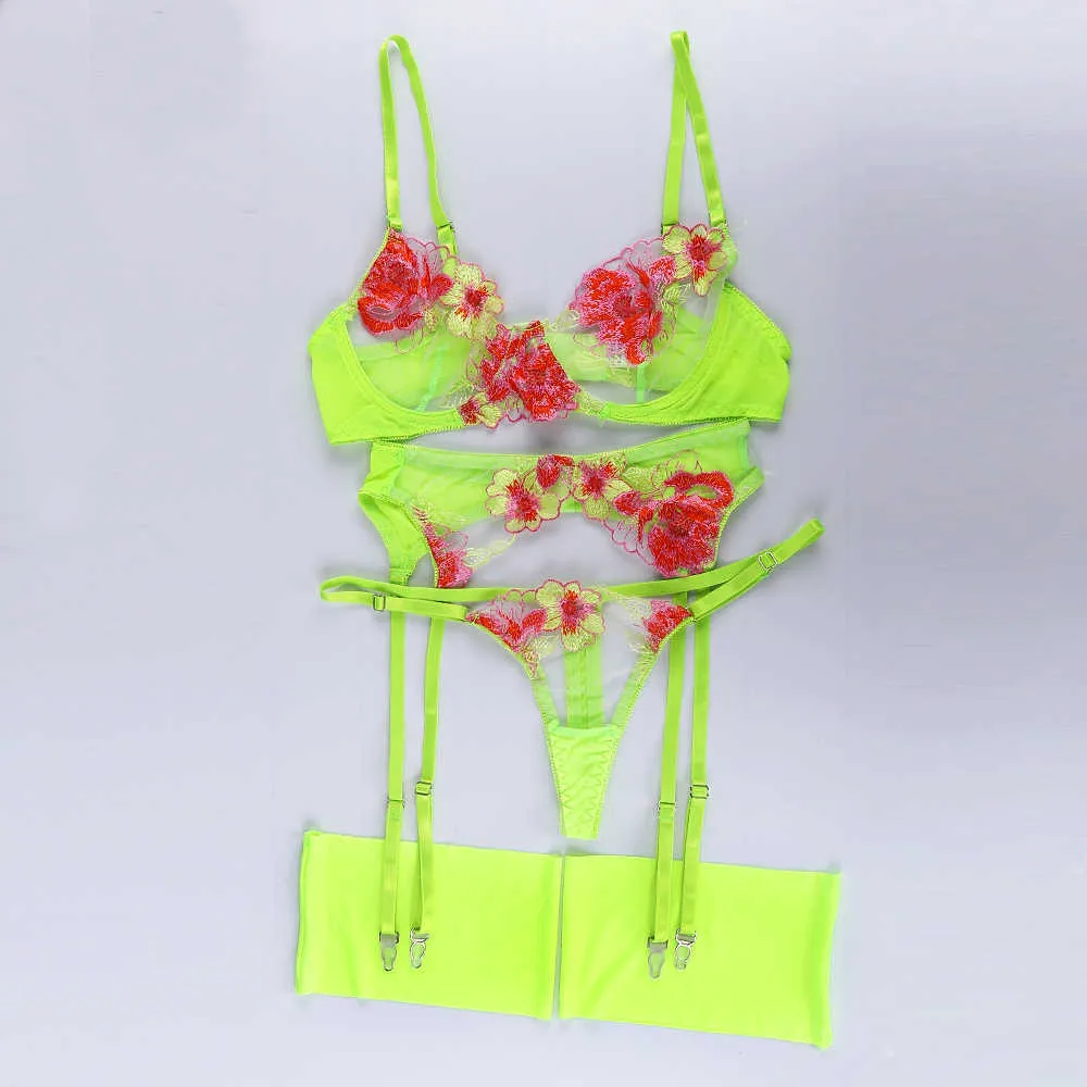 China Women Sexy Lingerie Colorful Embroidery Set Neon Green Appliques  Design Sheer Underwear Sexy Girls Erotic Lingerie factory and manufacturers