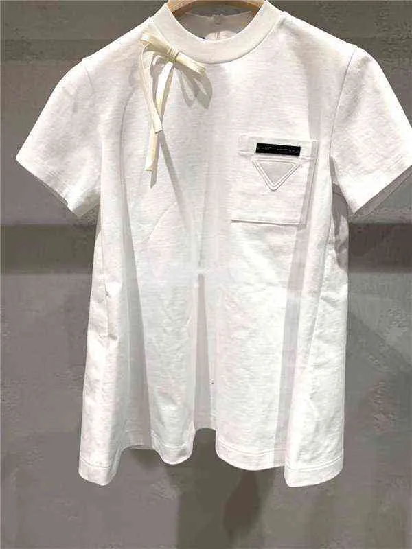 P Home Spring / Summer Bow Pocket Design Korte Mouw T-shirt Katoen Losse Casual Blouse Dames