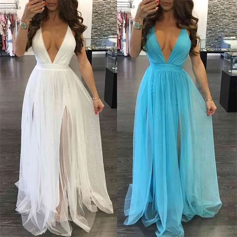 Kobiety Sukienka Lato Sexy Panie Solidna V-Neck Tulle Tutu Długie Maxi Bez Rękawów Backless Evening Party Beach Sundress Clubwear 210522