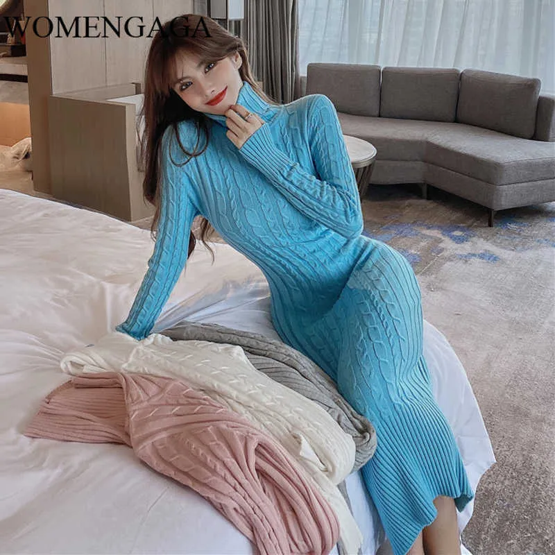 WOMENGAGA Autumn Winter Korean Turtleneck Knitted Long Sleeves Knitting Tops Striped Fold Dress Dresses Robe B2IA 210603