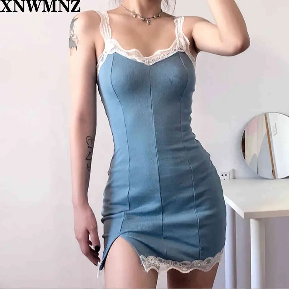 ZA femmes robe d'été bretelles spaghetti robes tissu côtelé dentelle fente douce fille gaine col en V mini mode robes 210510