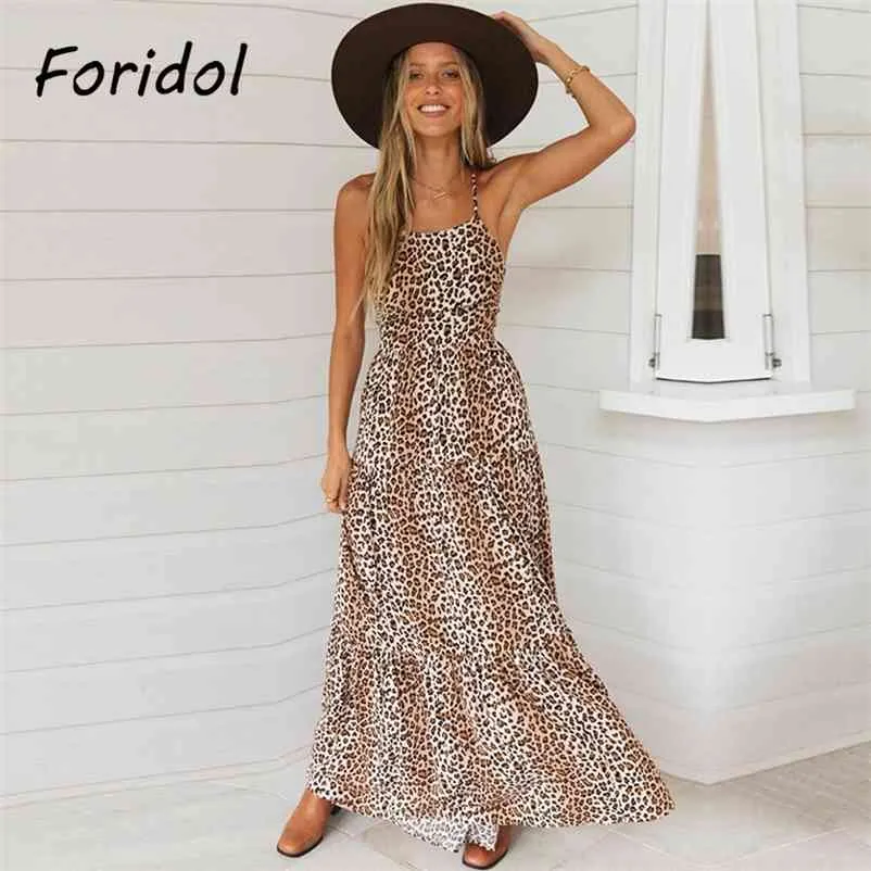 Foridol Sexy Bandage Backless Leopard Dress Donna Summer Beach Boho Abito lungo Famale Lace Up Maxi Dress Vintage Vestidos Mujer 210415