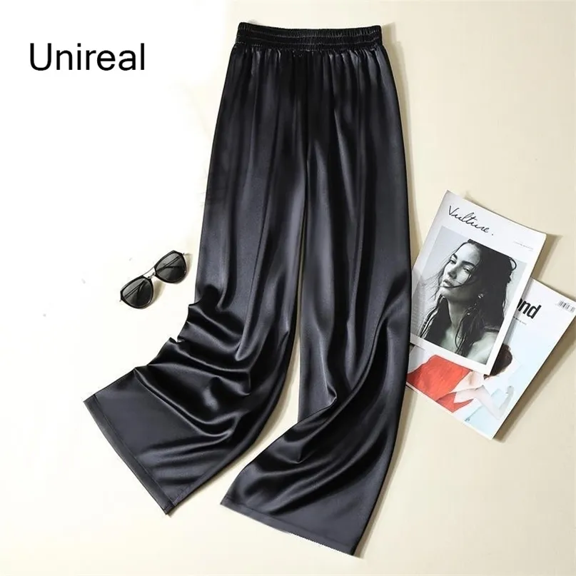 Unireal Summer Women Pantalones de pierna ancha Pantalones casuales de cintura alta Streetwear Black Silk Satin Elegant Long Palazzo 211115