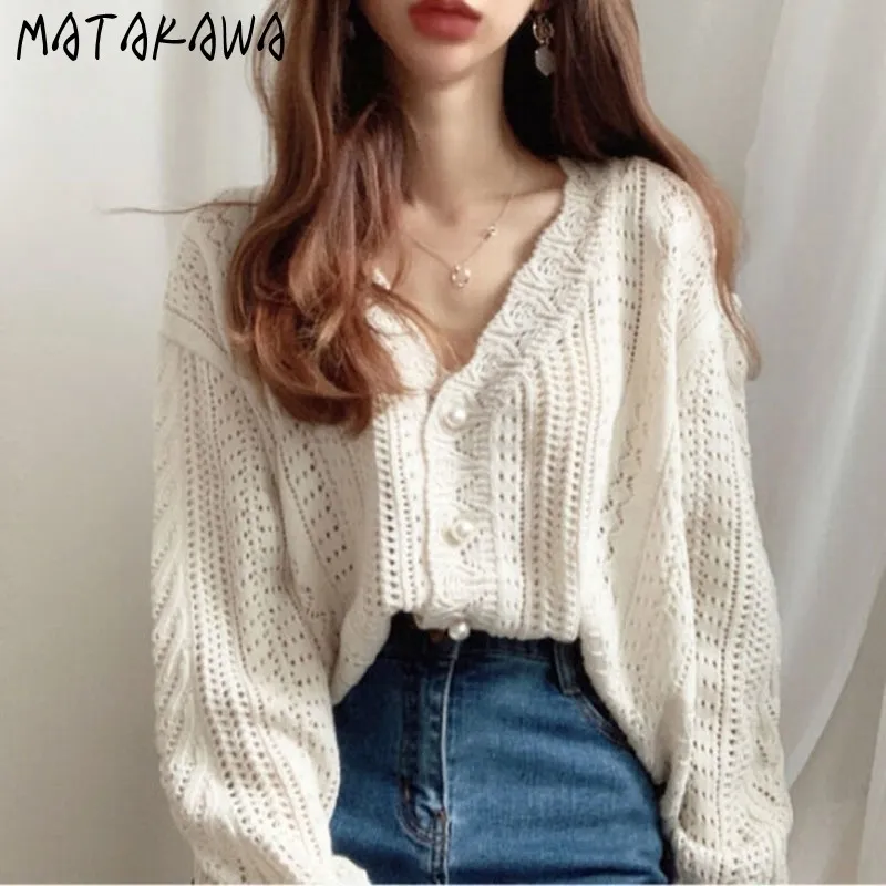 MATAKAWA Hook Flower V-neck Ladies Knitted Cardigan Autumn Korean Chic Retro Hollow Out Women Sweater Coat 210513