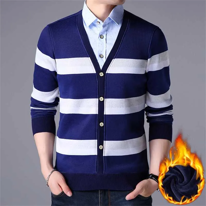 Marca Casual Mens Camiseta Collar Pullover Suéters Homens Slim Fit Algodão Striped Alemanha Masculino V-Pescoço Fake Dois Peça Jumpers 211014