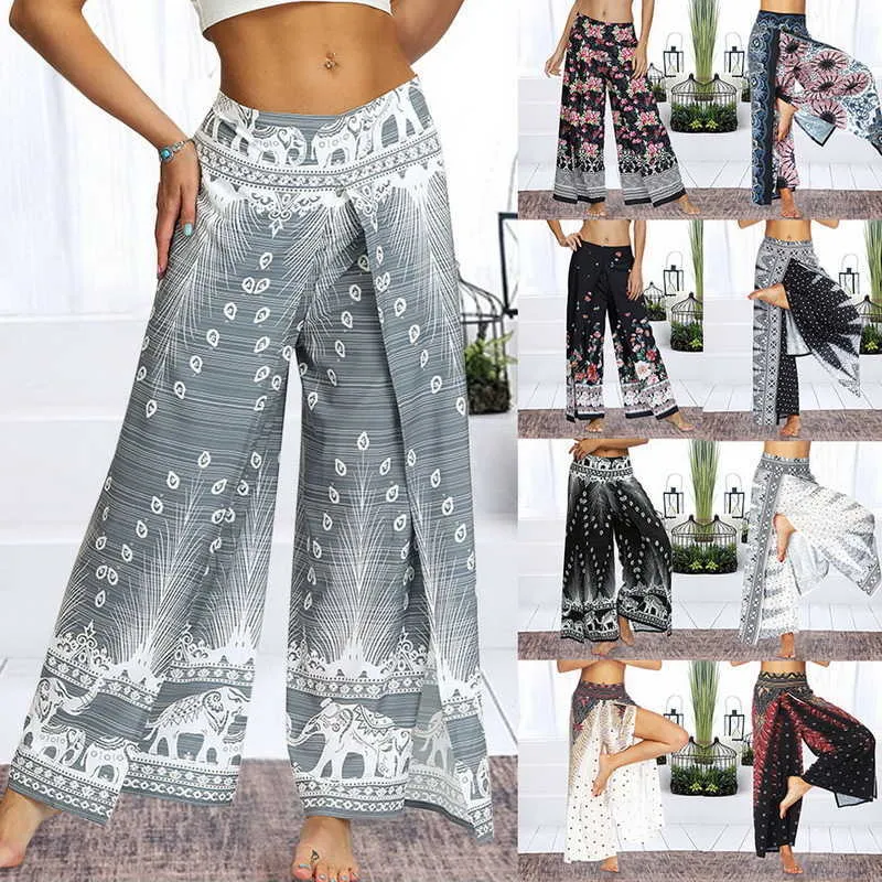 2020 Femmes Palazzo Fente Pantalon à jambe large Été Casual Beach Boho Imprimer Pantalon Plus Taille Taille Haute Pantalon de gymnastique Pantalon de survêtement X0629