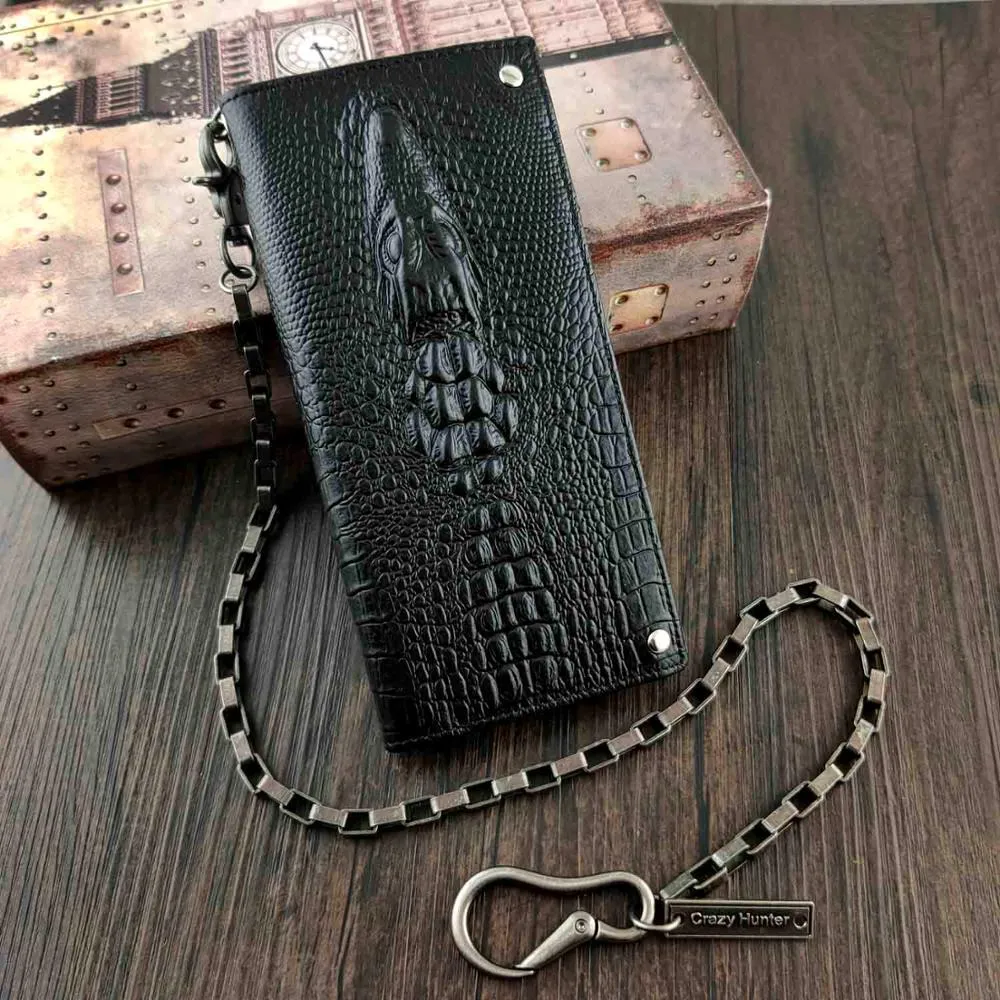 Money Leahter Portfel Wysokiej jakości Rocker Rock Aliagtor Head Mens Card Chain