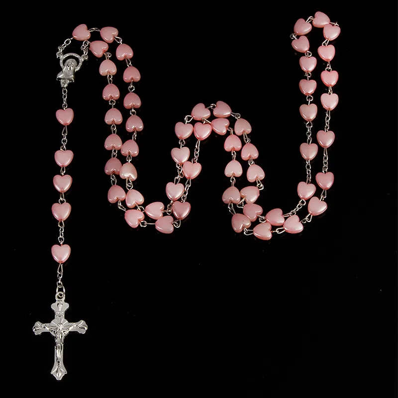 Porcelana católica branco amor rosário colar de oração, Maria bênção Rosário grânulos em forma de coração cruz