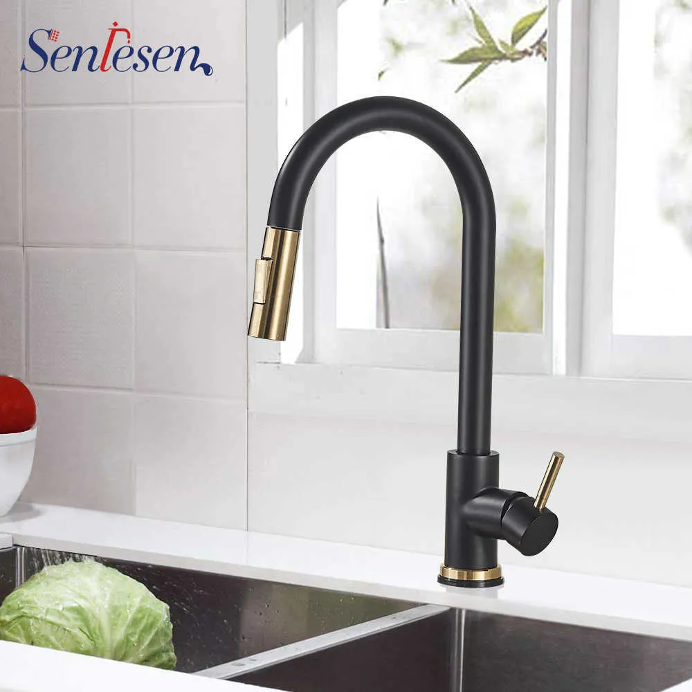 Senlesen Kitchen Sink Faucet Pull Out Sprayer Nozzle Black Gold Faucet Deck Mount and Cold Water Single Hanlde Kitchen Sink 210724