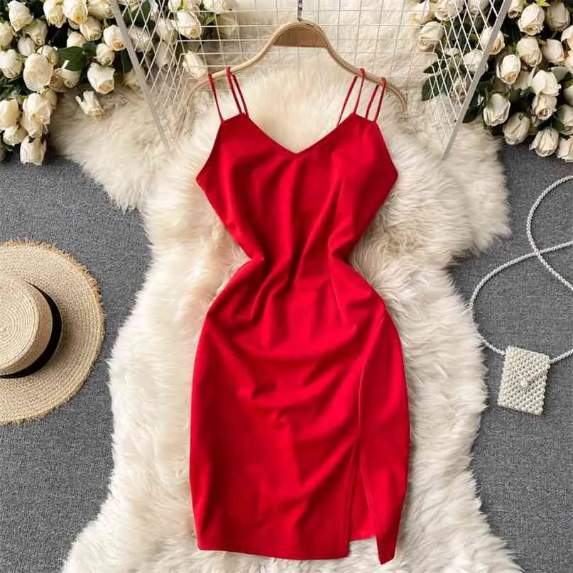 Sexy Rood Mini Bodycon Jurk Strappy Mouwloze Slanke Partij Vestido Vrouwen Zomer V-hals Hoge Taille Nachtclub 210603