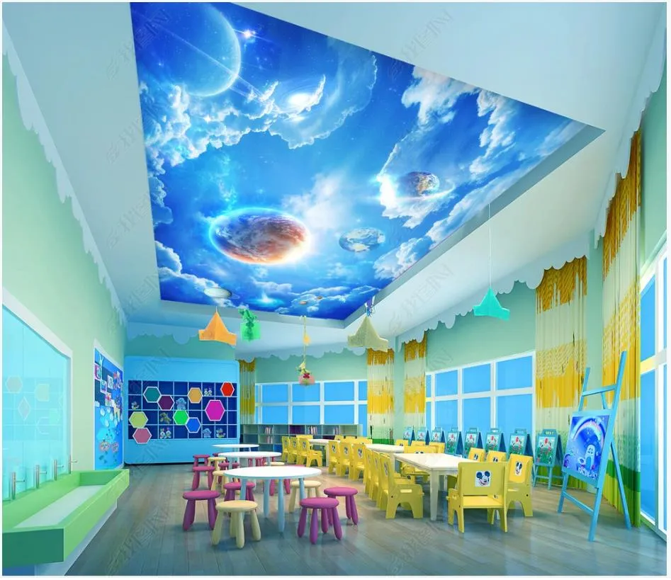 Aangepaste foto behang 3d Zenith muurschilderingen moderne blauwe lucht en witte wolken planeet kinderkamer plafond muurschildering achtergrond muur papers woondecoratie