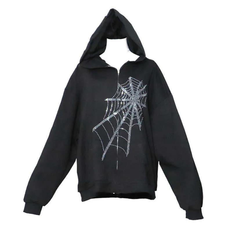 Hoodie Women's Rhinestone Spider Web Hooded Gothic Jacket