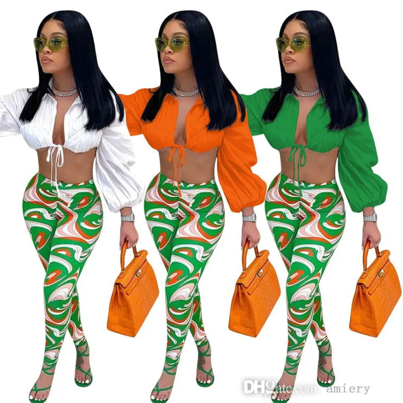 Kvinnor Tracksuits Kläder 2 Piece Set Ny Höst och Vinter Mode Lantern Sleeve Lace Up Printed Leggings High Waist Leisure Suit