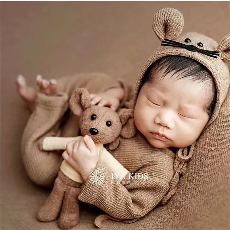 3 Pcs/Set Newborn Photography Props Suit Knitted Cotton Jumpsuit Hat Mouse Doll Infant Photo Shooting Clothes Outfits 2514 Q2