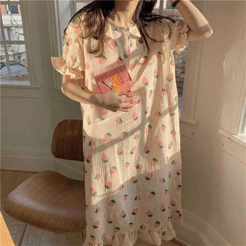 Ankomst Pajamas Loose Bomull Söt Prinsessan Sommar Tryckt Chic Sleepwear Girls Homewear Dress Nightdress 210525