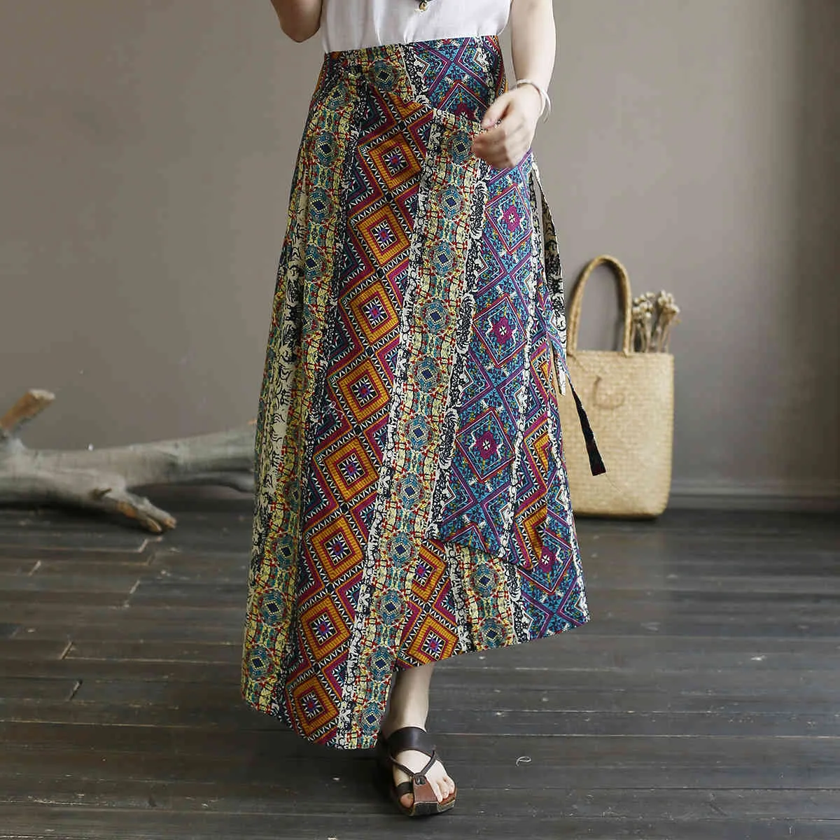 Johnature Vintage imprimer femmes été jupe Simple ample taille haute à lacets cheville-longueur coton lin jupes florales 210521
