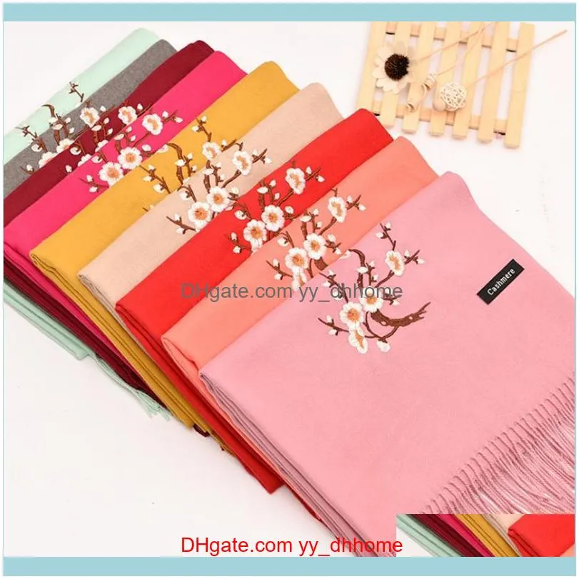 يلف القبعات، والأوشحة قفازات essoriesscarves هدية ل أمي البرقوق إزهار مزدوجة المطرزة وشاح النبيذ النساء الكشمير سيدة شرابة أزياء elc