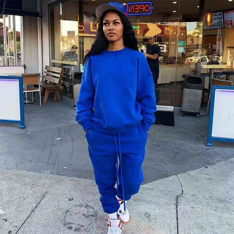 Women 2 Piece Set Casual Pullover Sweat Suits Tracksuits Winter Clothes Solid Thick Warm Jogging Sweatshirts and Sweatpants 210517