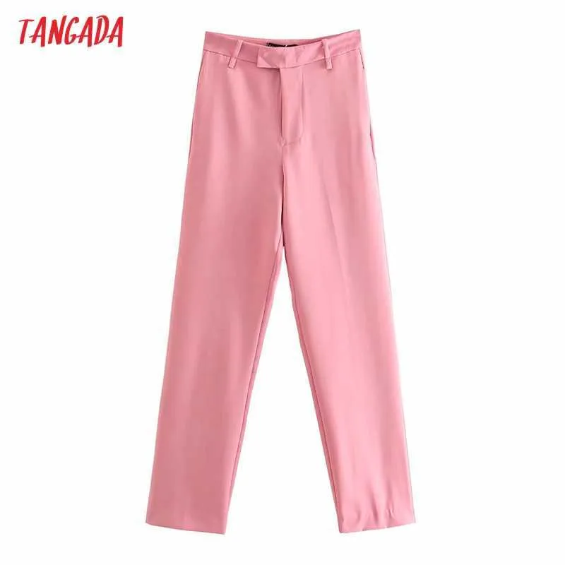 Tangada 패션 여성 핑크 긴 수트 바지 바지 주머니 버튼 사무실 레이디 바지 Pantalon 4M159 210609