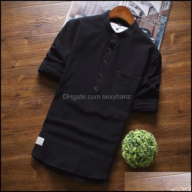 Men`s Casual Shirts 5 Color 2021 Cotton Linen Chinese Stand Collar Slim Three Quarter Fashion Solid Shirt S-3XL